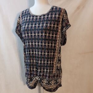 Lucky Brand Women's Large Navy, White, Orange Boho Patterned Apparel Top